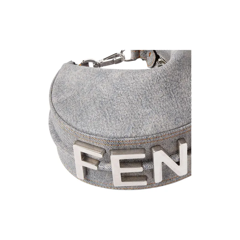 FENDI Fendigraphy Cow Leather Hobo Bag, One Shoulder Handbag Mini Women's Gray-3