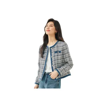 VIMLY Cropped Coats Women's Blue White Plaid