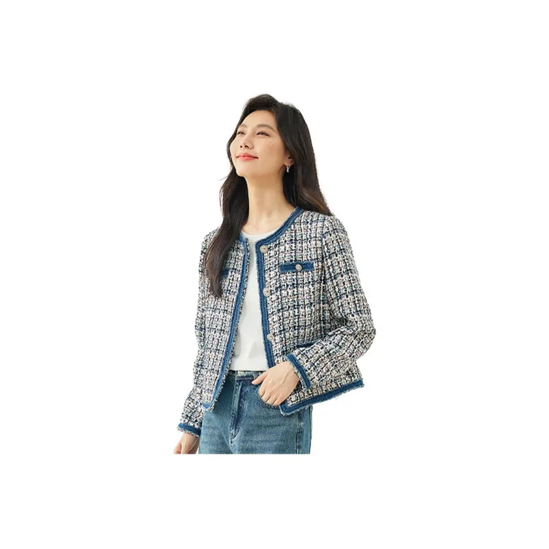 VIMLY Cropped Coats Women's Blue White Plaid-0