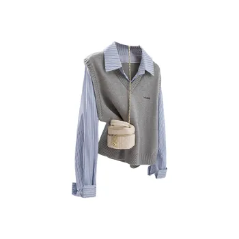Cypress House Knitwear Women's Light Gray & Blue Stripes Pattern