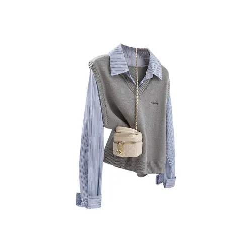 Cypress House Knitwear Women's Light Gray & Blue Stripes Pattern