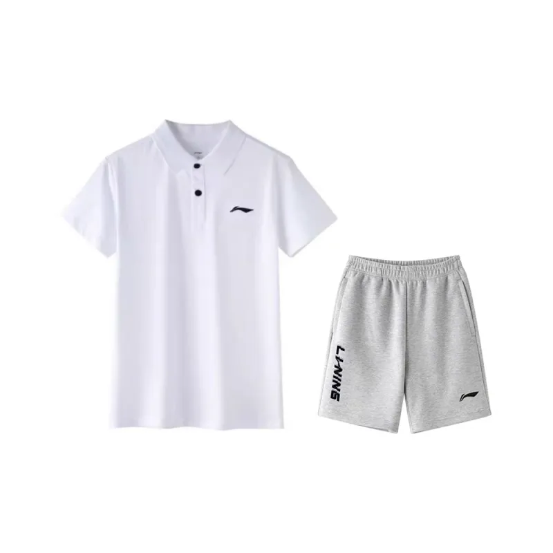 LiNing Table Tennis Series Casual Sportswear Men's White Short Sleeved Shirt+Gray Shorts-0