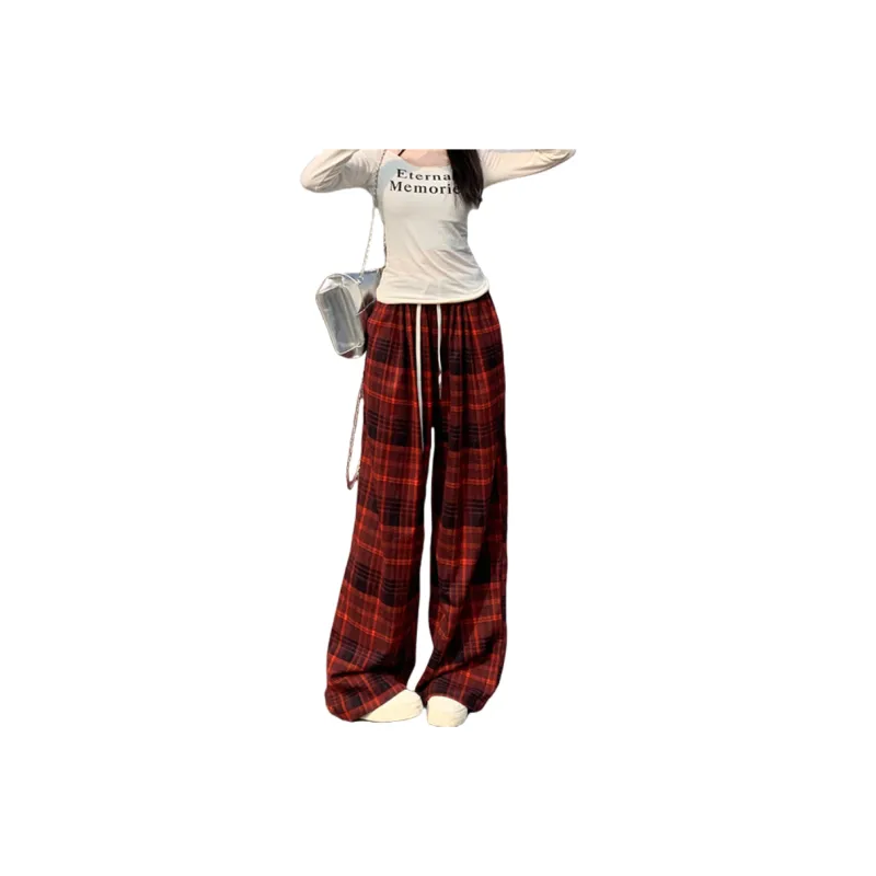 ZXZA Casual Pants Women's Red Plaid Pattern-0
