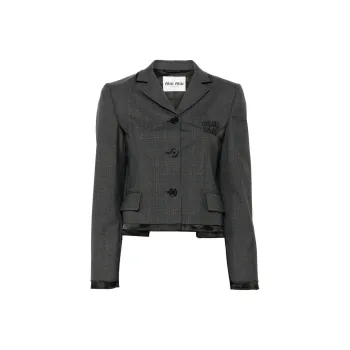 MIU MIU Tartan Print Cropped Jacket 'Slate Grey'