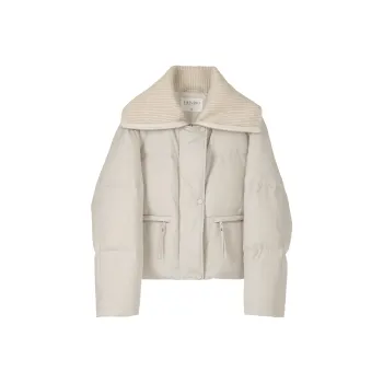 Fstudio Korean Style 90 Fill Power White Duck Down Cropped Patchwork Knitted Fabric Down Jacket Women's Beige