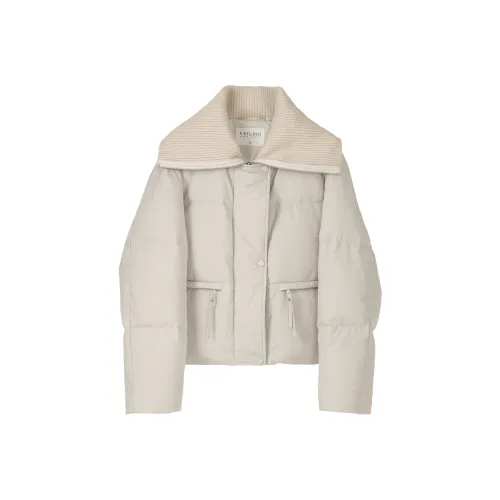 Fstudio Korean Style 90 Fill Power White Duck Down Cropped Patchwork Knitted Fabric Down Jacket Women's Beige