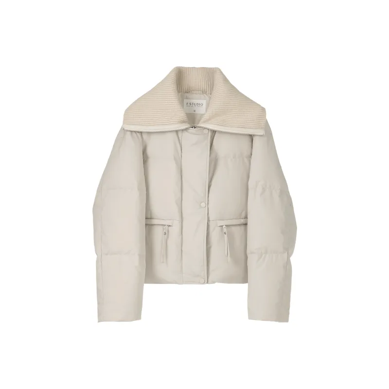 Fstudio Korean Style 90 Fill Power White Duck Down Cropped Patchwork Knitted Fabric Down Jacket Women's Beige-0