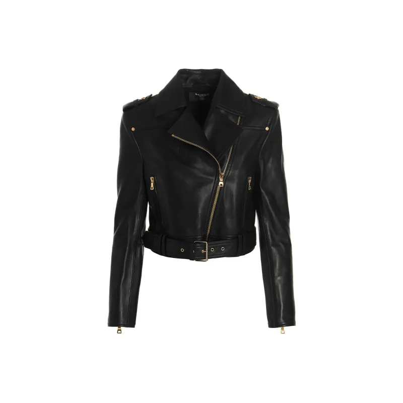 BALMAIN Chain Quilted Leather Crop Jacket Black-0
