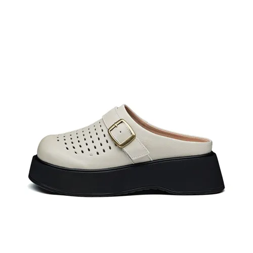 BURGELY Composite Sole Leather Patchwork Quiet leather ballerina chunky shoes Women's