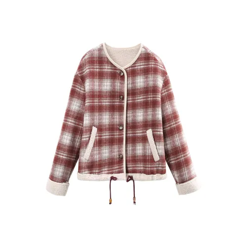 A Paradise For Awakening Cropped Coats Women's Red Plaid