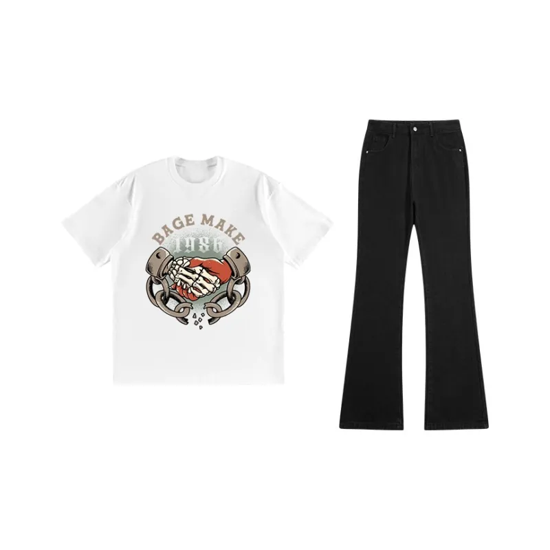 BAGE Casual Sportswear Unisex White Black Jeans-0