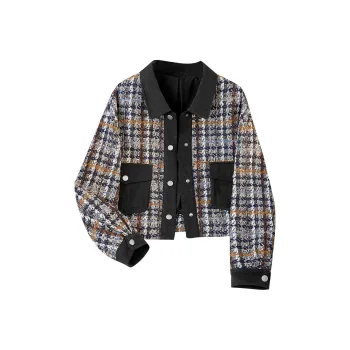 TOUCH Cropped Coats Women's Blue Coffee Plaid
