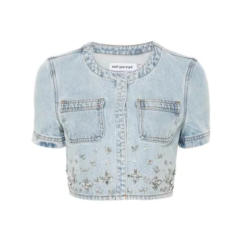 Self-portrait Rhinestone-embellished Denim Cropped Top