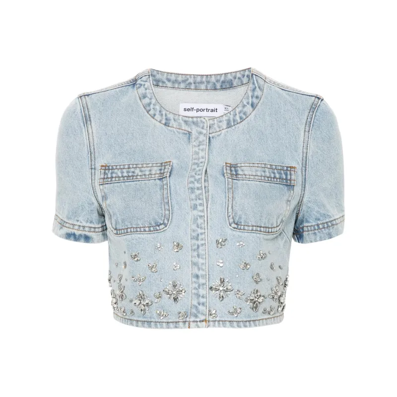 Self-portrait Rhinestone-embellished Denim Cropped Top-0