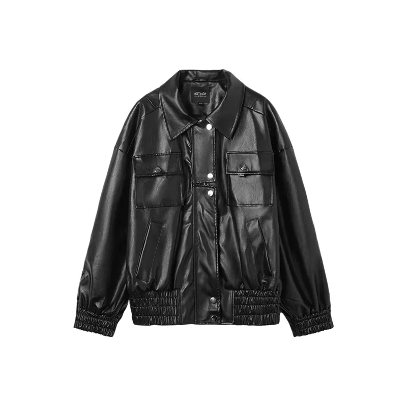 MEETLADY Leather Jacket Women's Black-0