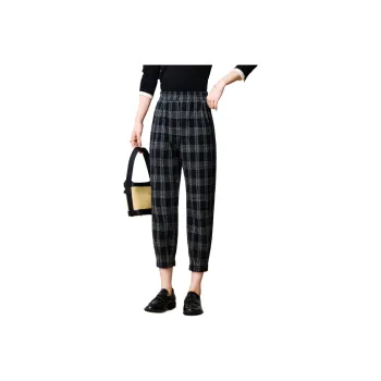 FENHONGMALI Casual Pants Women's Black White Plaid