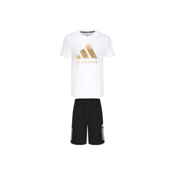 Adidas TAEKWONDO Casual Sportswear Men's Set White Gold Short Sleeved Shirt+Black Shorts