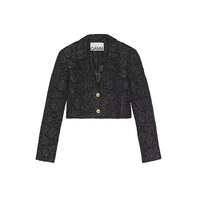 GANNI Stretch Jacquard Cropped Blazer 'Black'-0