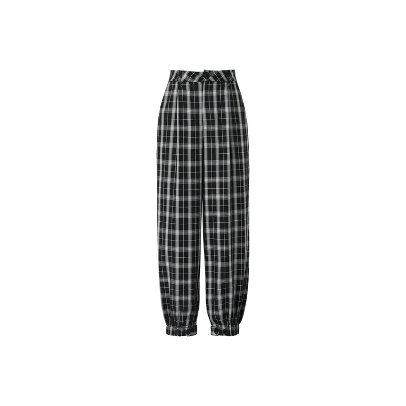 SOON FLOWER Casual Pants Women's Black White Plaid-0