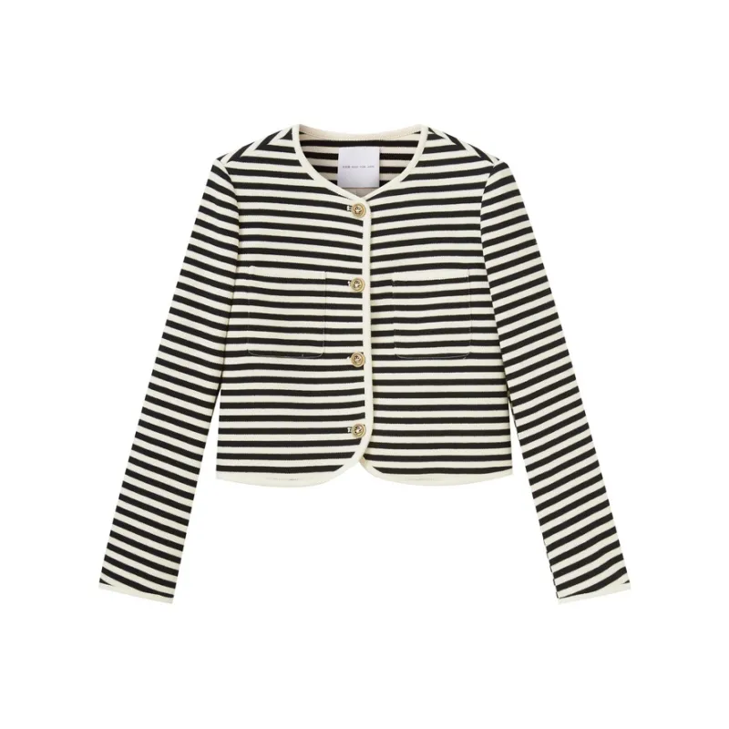 SHUIYUNJIAN Cropped Coat Women's Sapphire Black Stripes-0