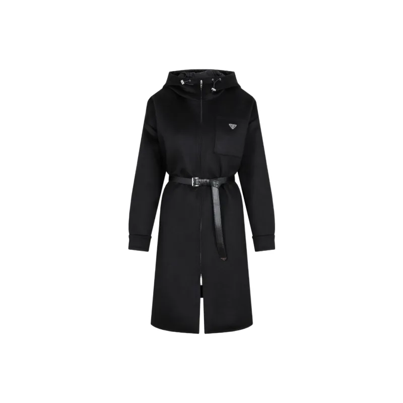 PRADA Logo Plaque Zipped Hooded Coat-0