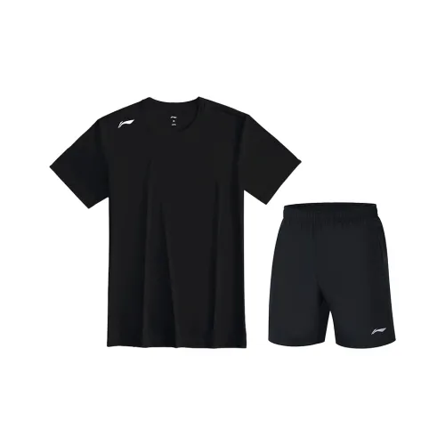 LiNing Casual Sportswear Men's Black Short Sleeved Shirt+Black tiered shorts