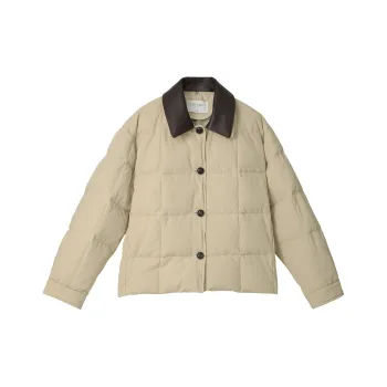 Fstudio Korean Style Color Blocking 90 Fill Power White Duck Down Cropped Down Jacket Coat Women's Khaki
