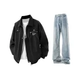 Clothing Sets[Black Jacket+Light Blue Jeans]
