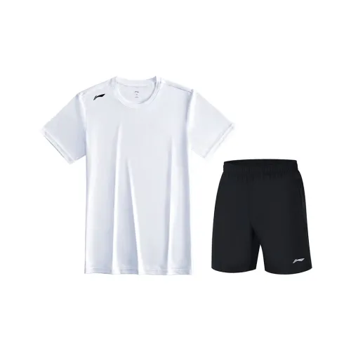 LiNing Casual Sportswear Men's White Short Sleeved Shirt+Black tiered shorts