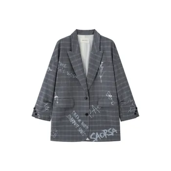 ZHOUMIAO Business Suit Women's Gray Plaid With Graffiti