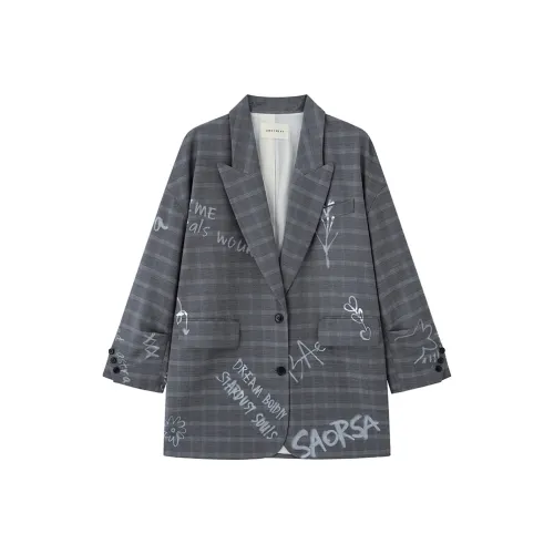 ZHOUMIAO Business Suit Women's Gray Plaid With Graffiti