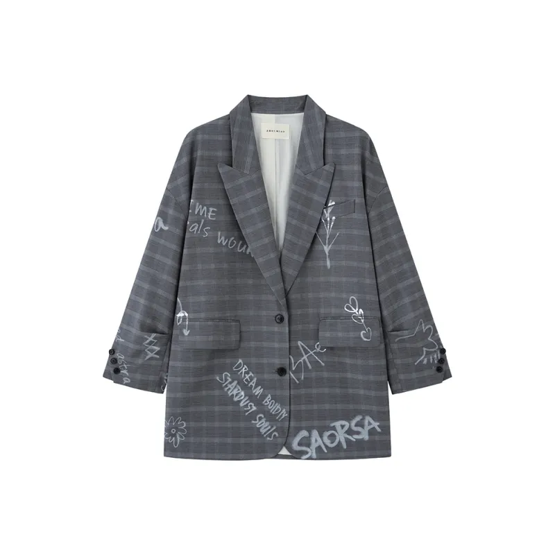 ZHOUMIAO Business Suit Women's Gray Plaid With Graffiti-0