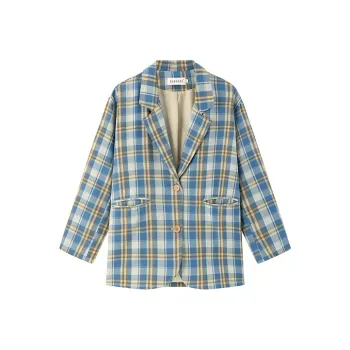 XIARIHUIZAIWANCANHOU Cropped Coats Women's Blue Plaid