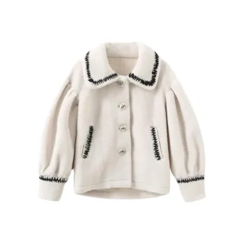 310MOOD 'Puff SleeveTeddy Bear Coat - White With Black Stitches' Velvet-feel Coat Women's Ecru