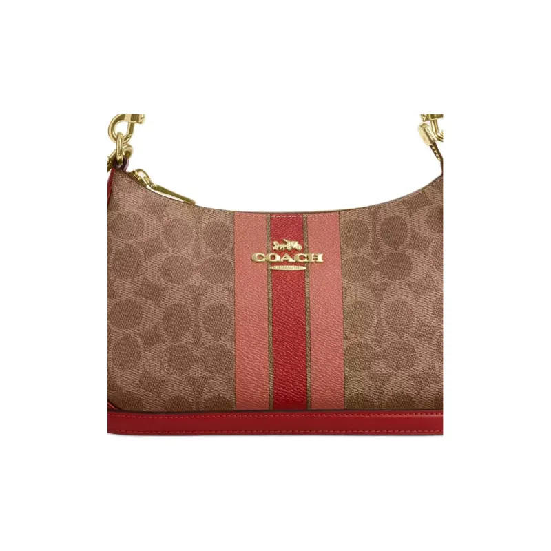 COACH Teri Coated Canvas Handbag, Shoulder Bag Medium Size Women's Brown & Red-3