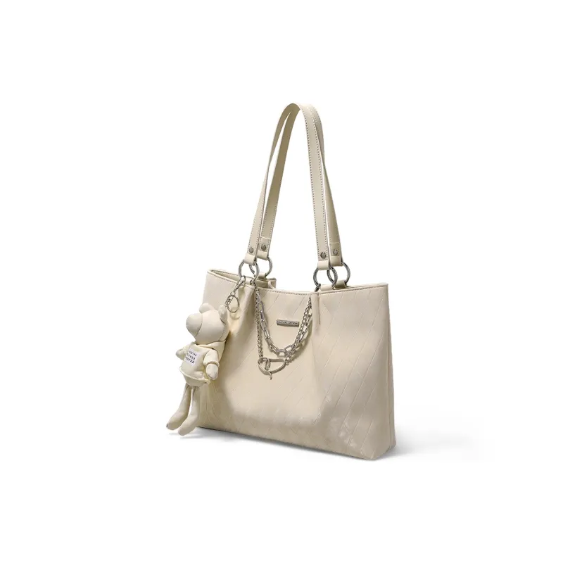 COMELY Synthetic Leather Tote Bag, Shoulder Bag Women's Ecru-5