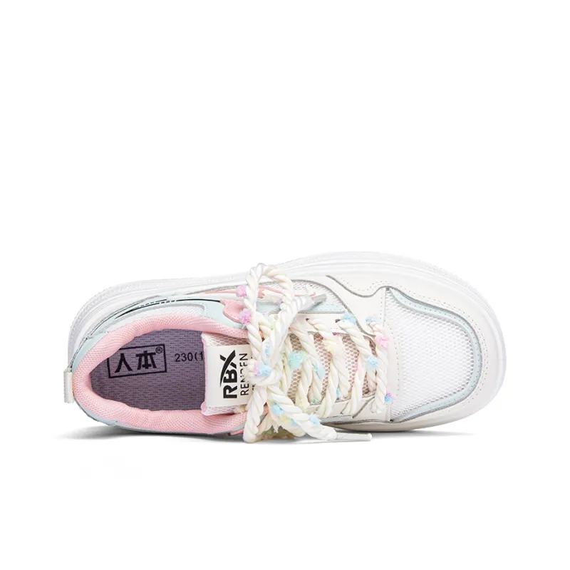 RENBEN Cushioning Balance Height Increasing Low Top Skateboard Shoes Women's White Pink-2