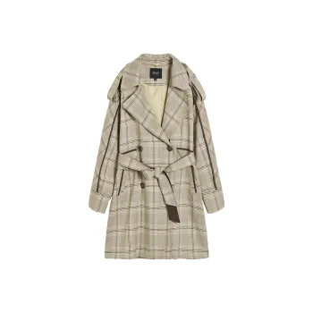 MEETLADY Trench Coats Women's Khaki Plaid