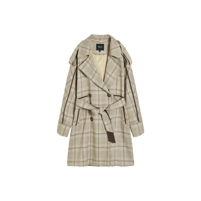 MEETLADY Trench Coats Women's Khaki Plaid-0