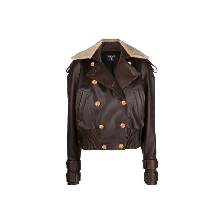 BALMAIN FW21 Leather Jacket Women's Coffee-0