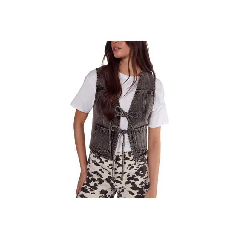 NASTY GAL Tie Front Denim Gilet Vest Women's Washed Black-0