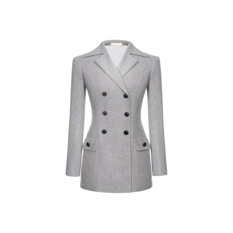 MONTSAND Herringbone Double-Breasted Blazer Business Suit Women's Gray-0