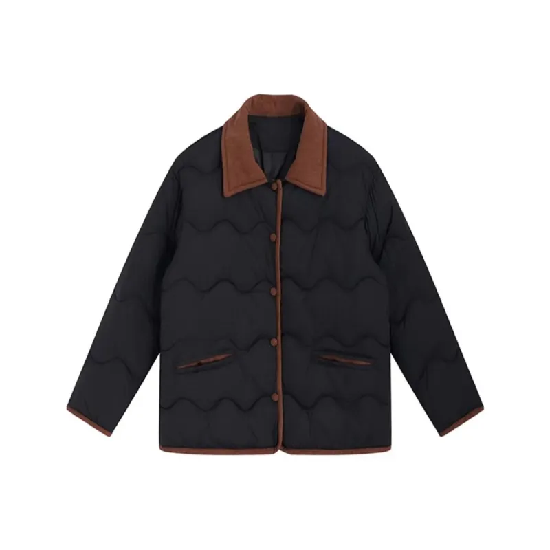 PAZZO Patchwork Corduroy Lapel Loose Fit Thermal Puffer Jacket Women's-9
