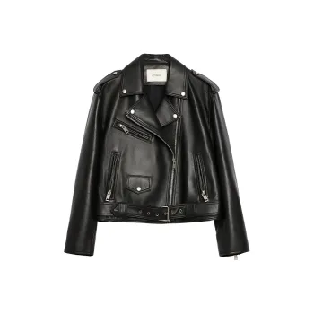LETRANS Leather Jacket Women's Biker Black