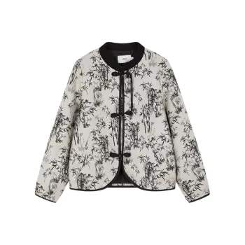 Mo Han Yi Mei Puffer Jacket Women's Beige Base With Black Flowers