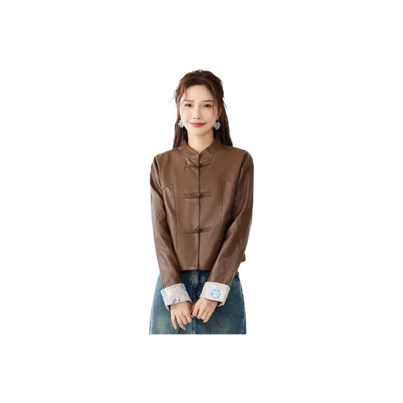TERRE BLEUE Leather Jacket Women's Coffee-0