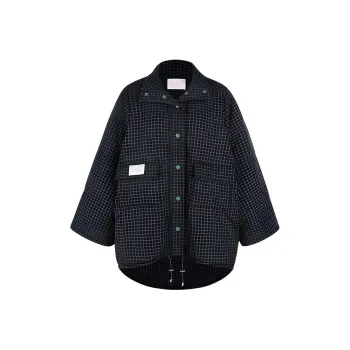 Selkie Collection FW24 Puffer Jacket Women's Navy Blue Base Checkerboard Pattern Print