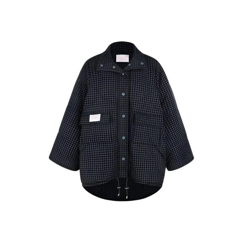 Selkie Collection FW24 Puffer Jacket Women's Navy Blue Base Checkerboard Pattern Print-0