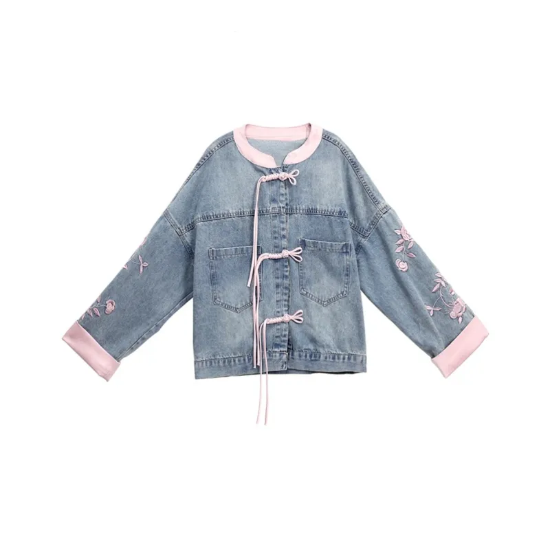 XIAOJUCHUANLI Denim Jacket Women's Pink-0