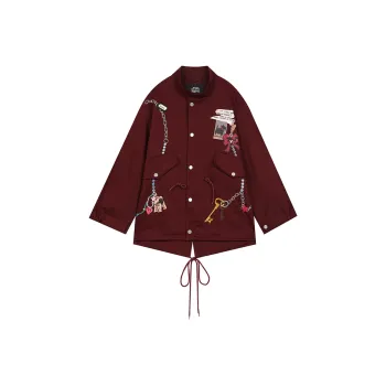 ELF SACK Angora Red American Vintage Print Workwear Trench Coat Women's